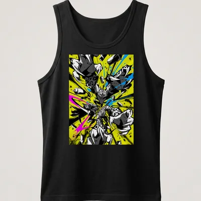 Graffiti cats in flight, painting with colorful spray cans in vibrant hues — printed on a tank top
