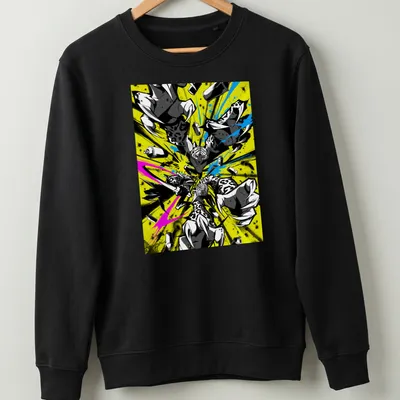 Graffiti cats in flight, painting with colorful spray cans in vibrant hues — printed on a unisex sweatshirt