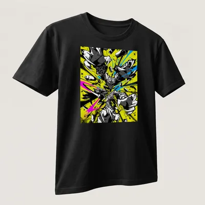 Graffiti cats in flight, painting with colorful spray cans in vibrant hues — printed on a unisex t-shirt (angled view)