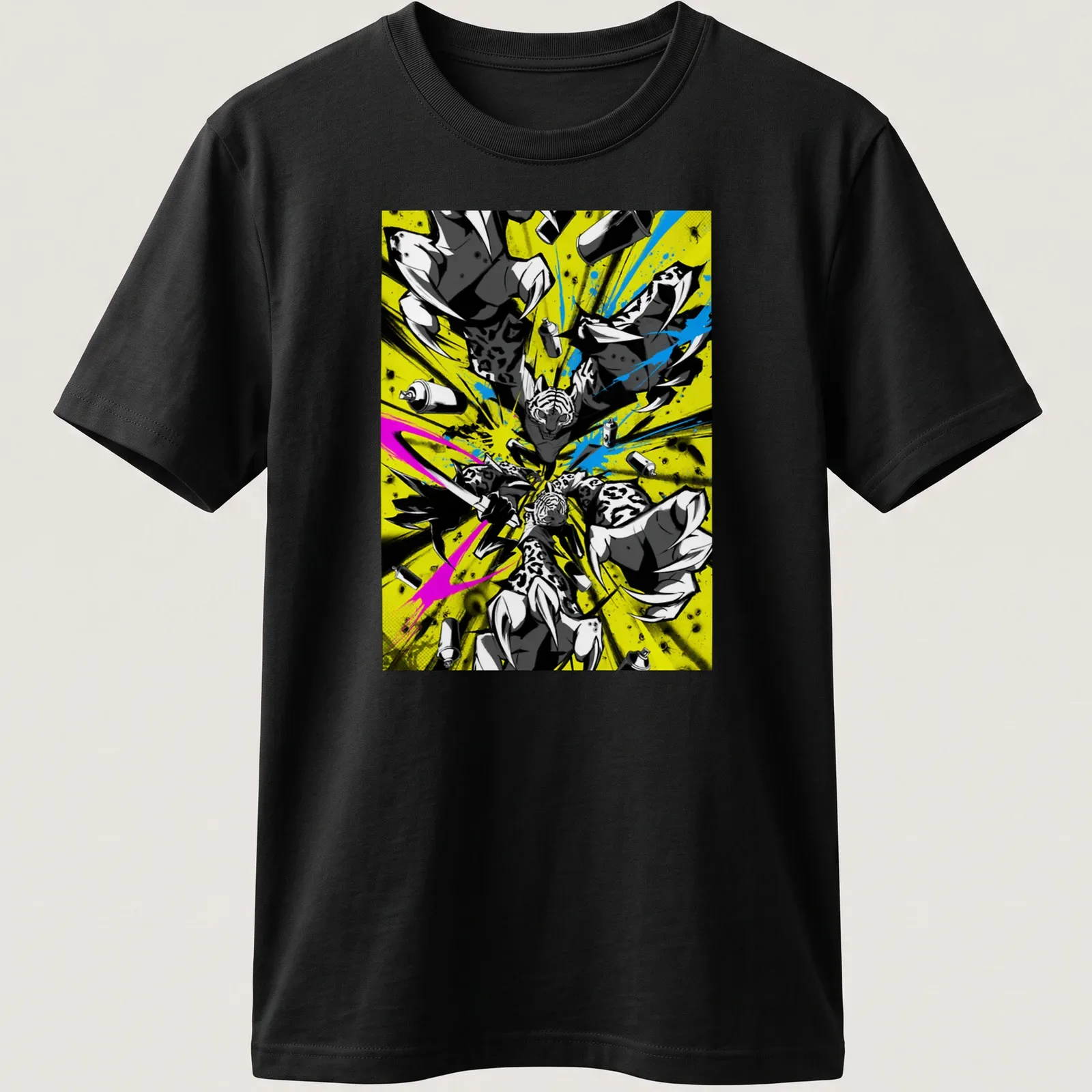 Graffiti cats in flight, painting with colorful spray cans in vibrant hues — printed on a unisex t-shirt