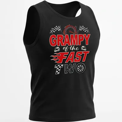 Bold print of Grampy with racing cars in colorful design — printed on a tank top