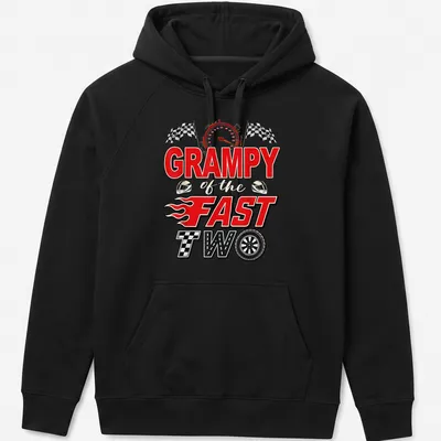 Bold print of Grampy with racing cars in colorful design — printed on a unisex hoodie