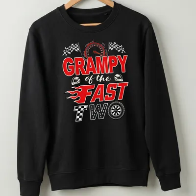 Bold print of Grampy with racing cars in colorful design — printed on a unisex sweatshirt