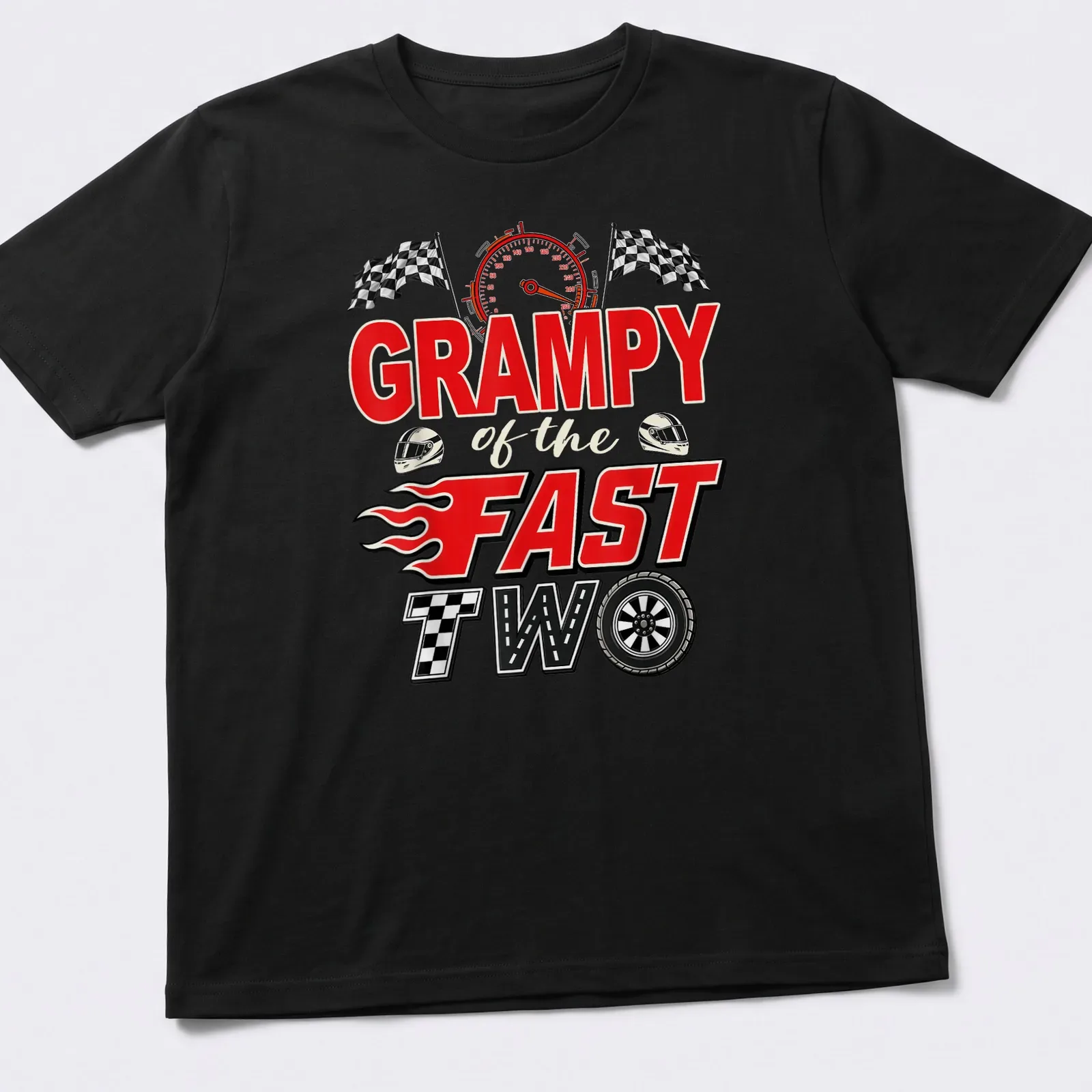 Bold print of Grampy with racing cars in colorful design — printed on a unisex t-shirt