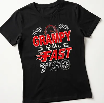 Bold print of Grampy with racing cars in colorful design — printed on a women's shirt