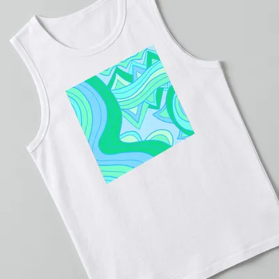 Modern geometric design of abstract waves in blue and green tones. — printed on a tank top