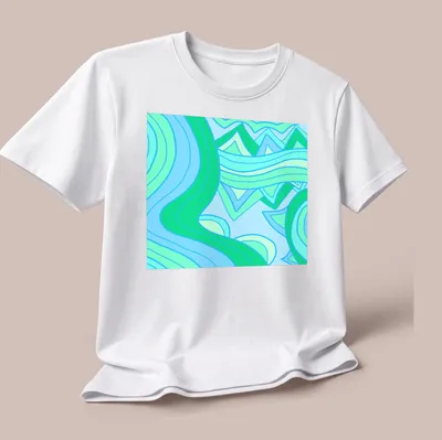 Modern geometric design of abstract waves in blue and green tones. — printed on a unisex t-shirt (angled view)