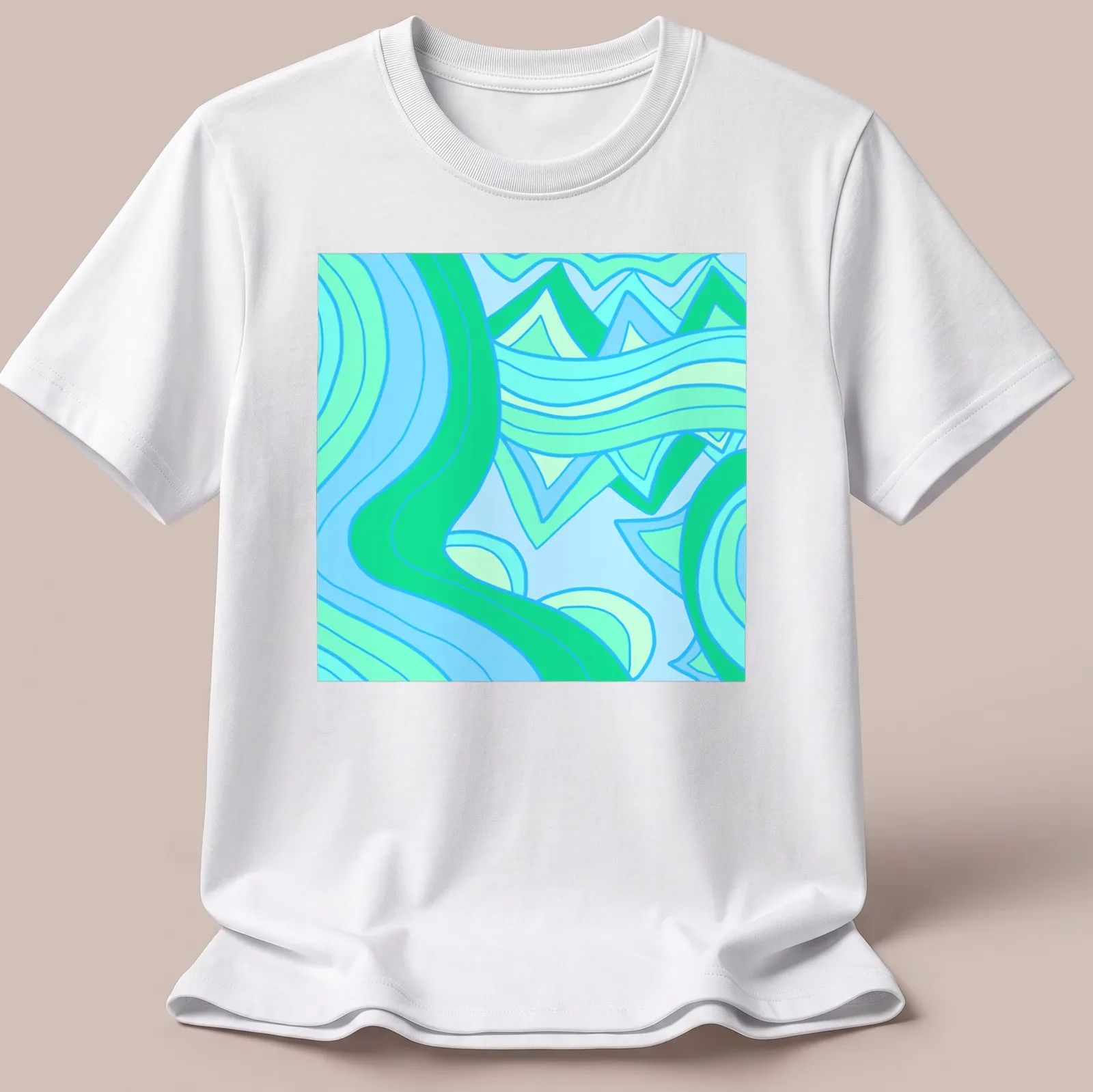 Modern geometric design of abstract waves in blue and green tones. — printed on a unisex t-shirt