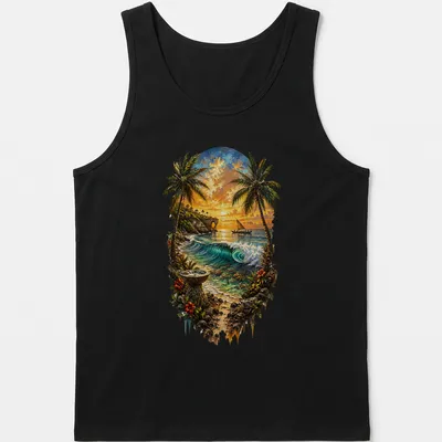 Tropical beach scene shirt with palm trees, ocean, and vibrant sunset colors — printed on a tank top