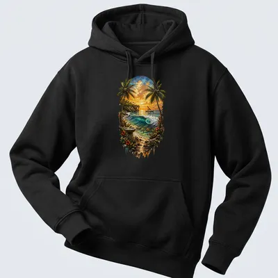 Tropical beach scene shirt with palm trees, ocean, and vibrant sunset colors — printed on a unisex hoodie