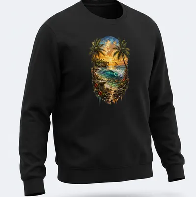 Tropical beach scene shirt with palm trees, ocean, and vibrant sunset colors — printed on a unisex sweatshirt