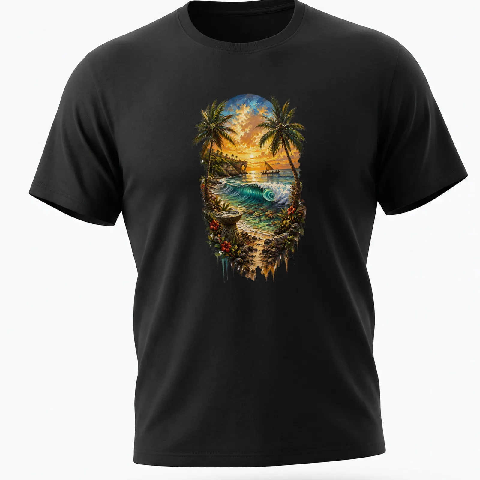 Tropical beach scene shirt with palm trees, ocean, and vibrant sunset colors — printed on a unisex t-shirt