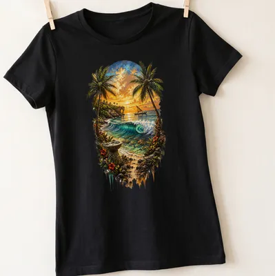 Tropical beach scene shirt with palm trees, ocean, and vibrant sunset colors — printed on a women's shirt