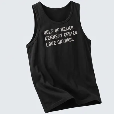 Vintage-style t-shirt featuring Gulf of Mexico, Kennedy Center, Lake Ontario text — printed on a tank top
