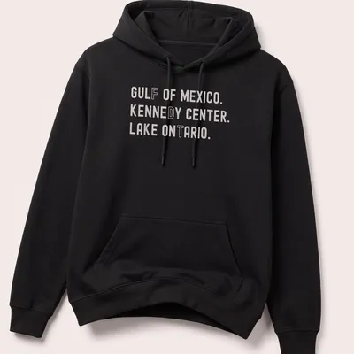 Vintage-style t-shirt featuring Gulf of Mexico, Kennedy Center, Lake Ontario text — printed on a unisex hoodie