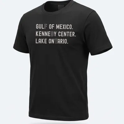 Vintage-style t-shirt featuring Gulf of Mexico, Kennedy Center, Lake Ontario text — printed on a unisex t-shirt