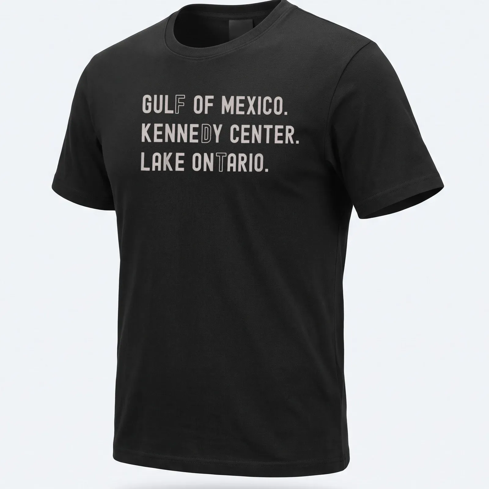 Vintage-style t-shirt featuring Gulf of Mexico, Kennedy Center, Lake Ontario text — printed on a unisex t-shirt