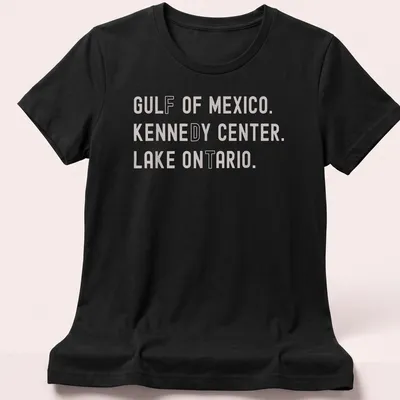 Vintage-style t-shirt featuring Gulf of Mexico, Kennedy Center, Lake Ontario text — printed on a women's shirt
