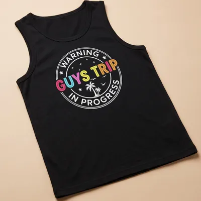 Colorful illustration of tropical vacation elements with 'GUYS TRIP' text — printed on a tank top