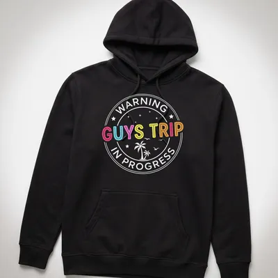 Colorful illustration of tropical vacation elements with 'GUYS TRIP' text — printed on a unisex hoodie