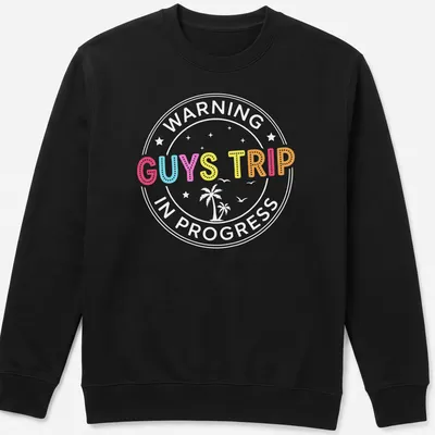 Colorful illustration of tropical vacation elements with 'GUYS TRIP' text — printed on a unisex sweatshirt