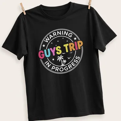 Colorful illustration of tropical vacation elements with 'GUYS TRIP' text
