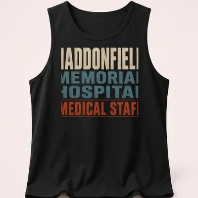 Vintage distressed Haddonfield Memorial Hospital Medical Staff t-shirt with color details — printed on a tank top