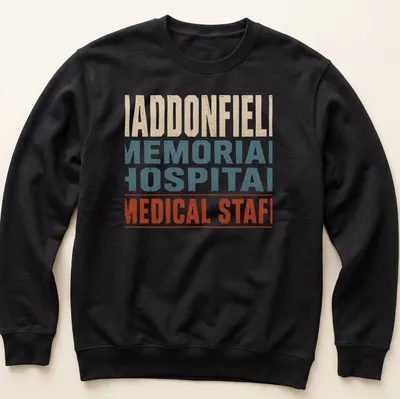 Vintage distressed Haddonfield Memorial Hospital Medical Staff t-shirt with color details — printed on a unisex sweatshirt