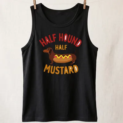 Cartoon Dachshund styled as a hot dog with mustard and toppings. — printed on a tank top