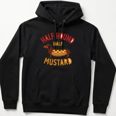 Cartoon Dachshund styled as a hot dog with mustard and toppings. — printed on a unisex hoodie