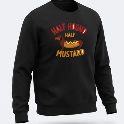 Cartoon Dachshund styled as a hot dog with mustard and toppings. — printed on a unisex sweatshirt