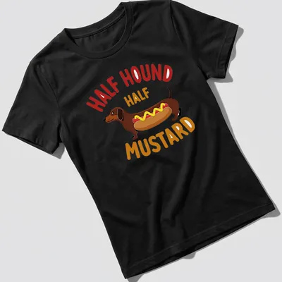 Cartoon Dachshund styled as a hot dog with mustard and toppings. — printed on a women's shirt