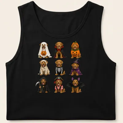 Realistic illustration of Chesapeake Bay Retrievers in Halloween costumes. — printed on a tank top