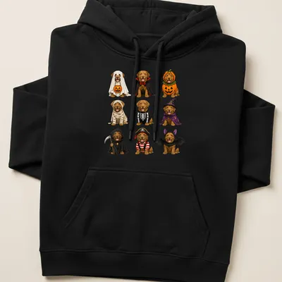 Realistic illustration of Chesapeake Bay Retrievers in Halloween costumes. — printed on a unisex hoodie