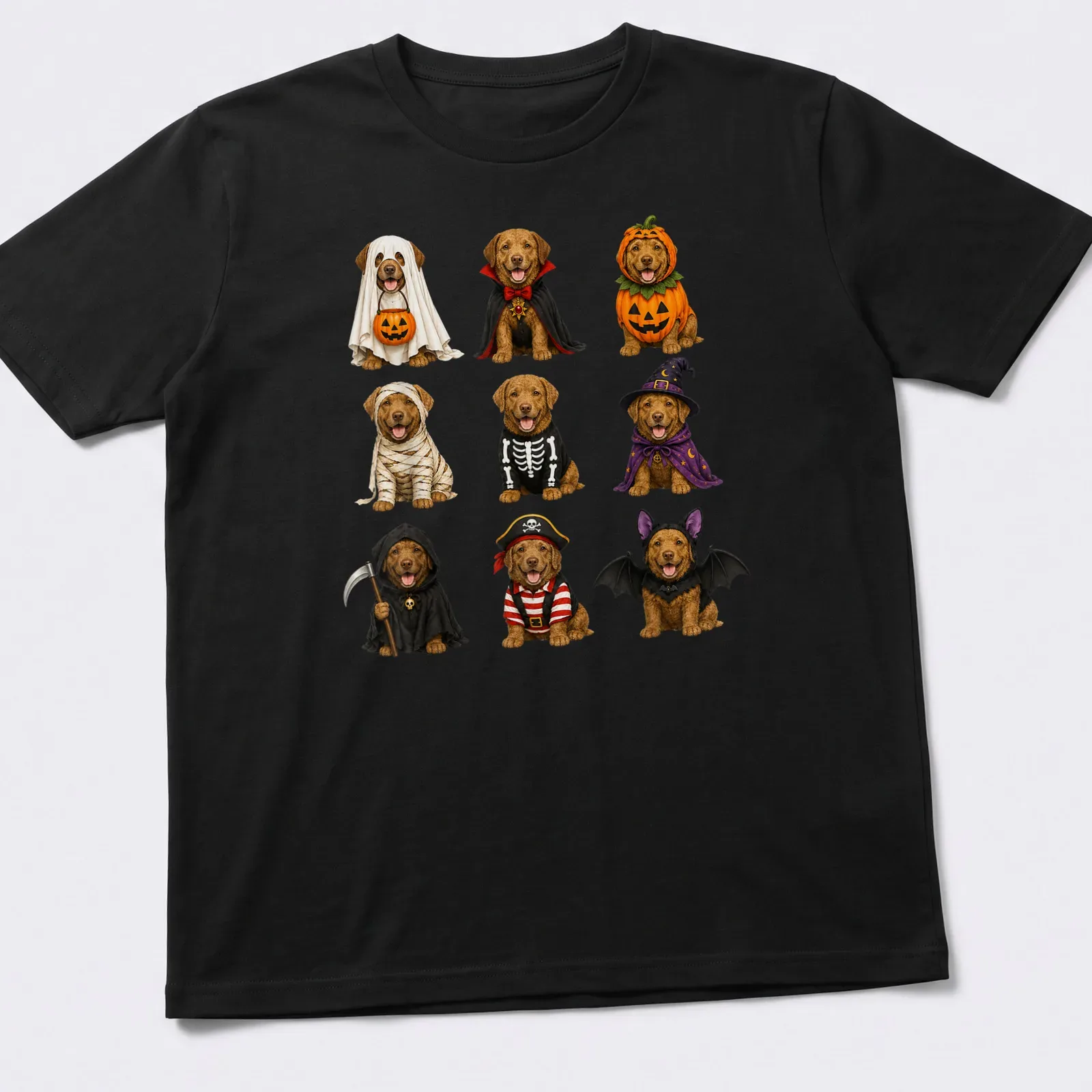 Realistic illustration of Chesapeake Bay Retrievers in Halloween costumes. — printed on a unisex t-shirt