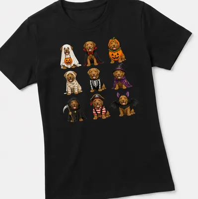 Realistic illustration of Chesapeake Bay Retrievers in Halloween costumes. — printed on a women's shirt