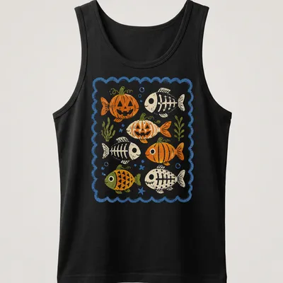 Playful vintage design of a pumpkin skeleton fish in orange and green — printed on a tank top