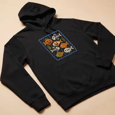 Playful vintage design of a pumpkin skeleton fish in orange and green — printed on a unisex hoodie