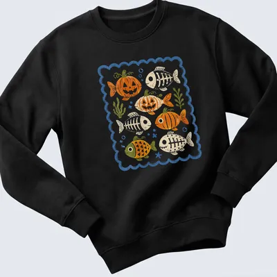 Playful vintage design of a pumpkin skeleton fish in orange and green — printed on a unisex sweatshirt
