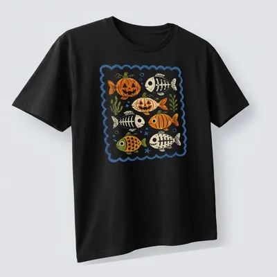 Playful vintage design of a pumpkin skeleton fish in orange and green — printed on a unisex t-shirt (angled view)