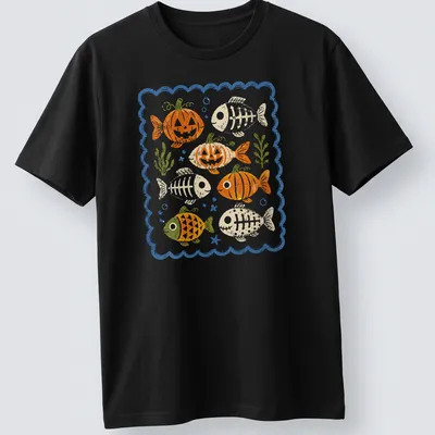 Playful vintage design of a pumpkin skeleton fish in orange and green