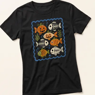Playful vintage design of a pumpkin skeleton fish in orange and green — printed on a women's shirt