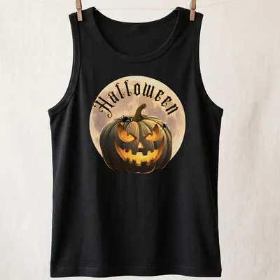 Cartoonish Halloween pumpkin lantern with spiders and the word Halloween — printed on a tank top