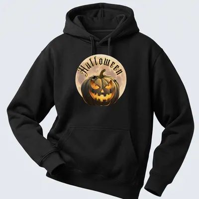 Cartoonish Halloween pumpkin lantern with spiders and the word Halloween — printed on a unisex hoodie