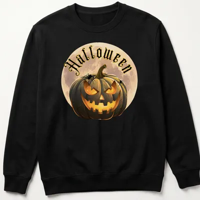 Cartoonish Halloween pumpkin lantern with spiders and the word Halloween — printed on a unisex sweatshirt