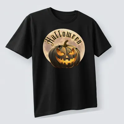 Cartoonish Halloween pumpkin lantern with spiders and the word Halloween — printed on a unisex t-shirt (angled view)