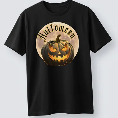 Cartoonish Halloween pumpkin lantern with spiders and the word Halloween