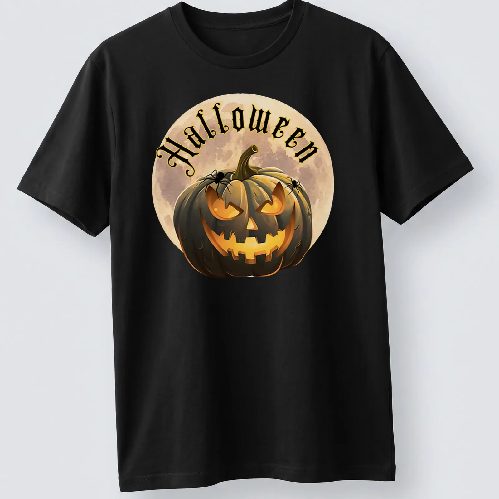 Cartoonish Halloween pumpkin lantern with spiders and the word Halloween — printed on a unisex t-shirt