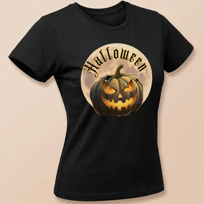 Cartoonish Halloween pumpkin lantern with spiders and the word Halloween — printed on a women's shirt