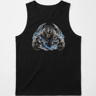 Realistic werewolf graphic in gray, blue, black, and white tones for Halloween. — printed on a tank top